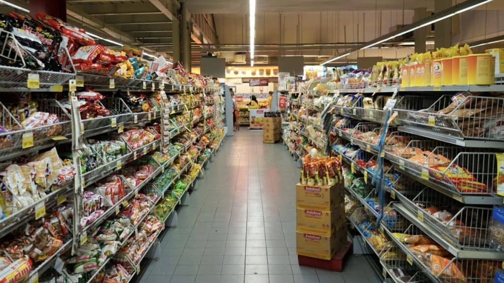 processed and packaged foods in grocery store