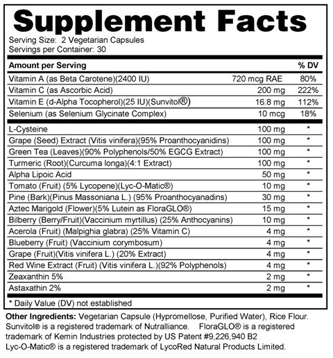 Supplement facts forAntioxidant Free Radical Protection Formula