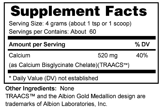 Supplement facts forCalcium Powder 240 Grams