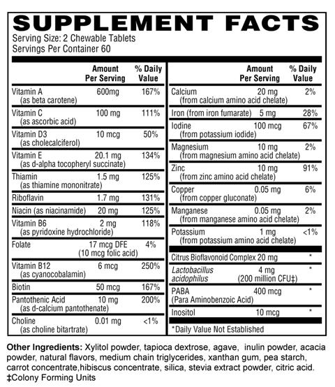 Supplement facts forKids Multi Vite (Chewable) 120s