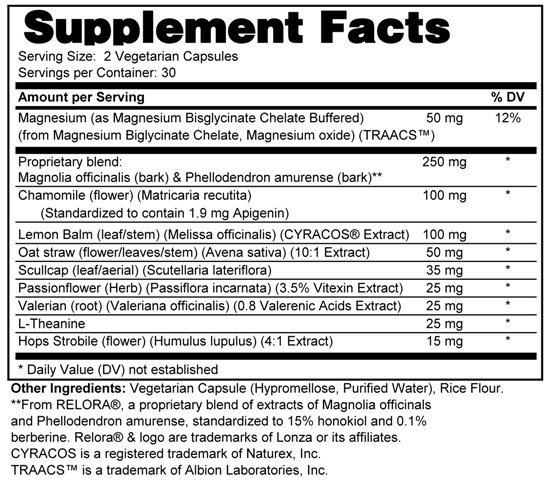 Supplement facts forTranquility 60s (REFORMULATED Herbal Blend)