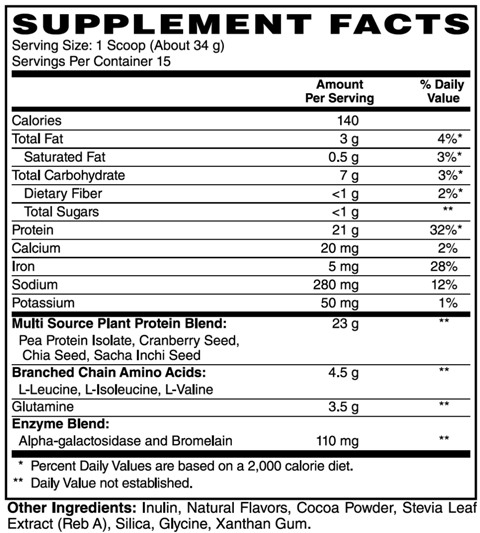 Supplement facts forVegan Protein Chocolate 510 Grams