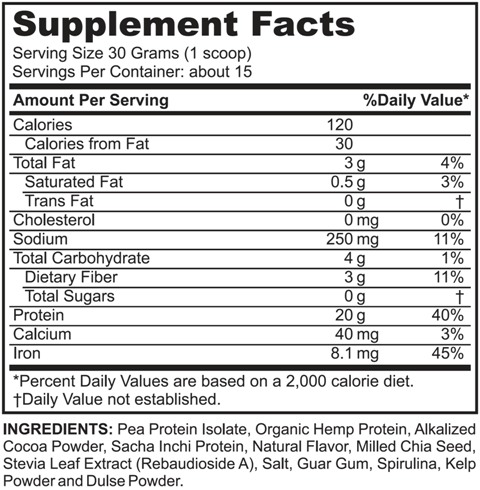Supplement facts forVegan Protein Chocolate 1lb/454 Grams