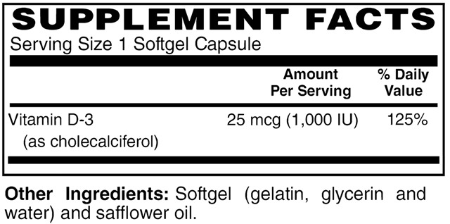 Supplement facts forVitamin D3 1000 IU Softgels 100s