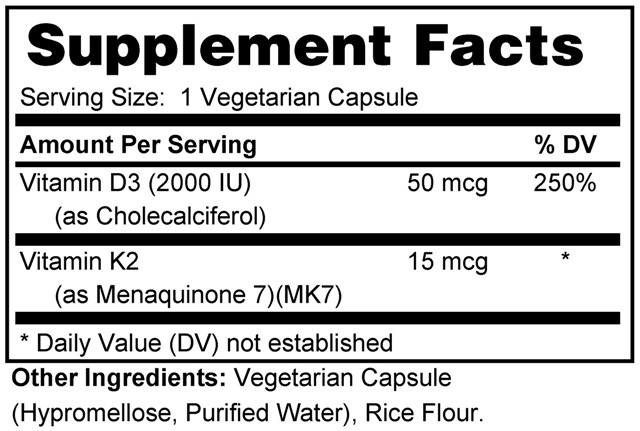 Supplement facts forVitamin D  2000 IU Plus K2 (Capsules) 100s