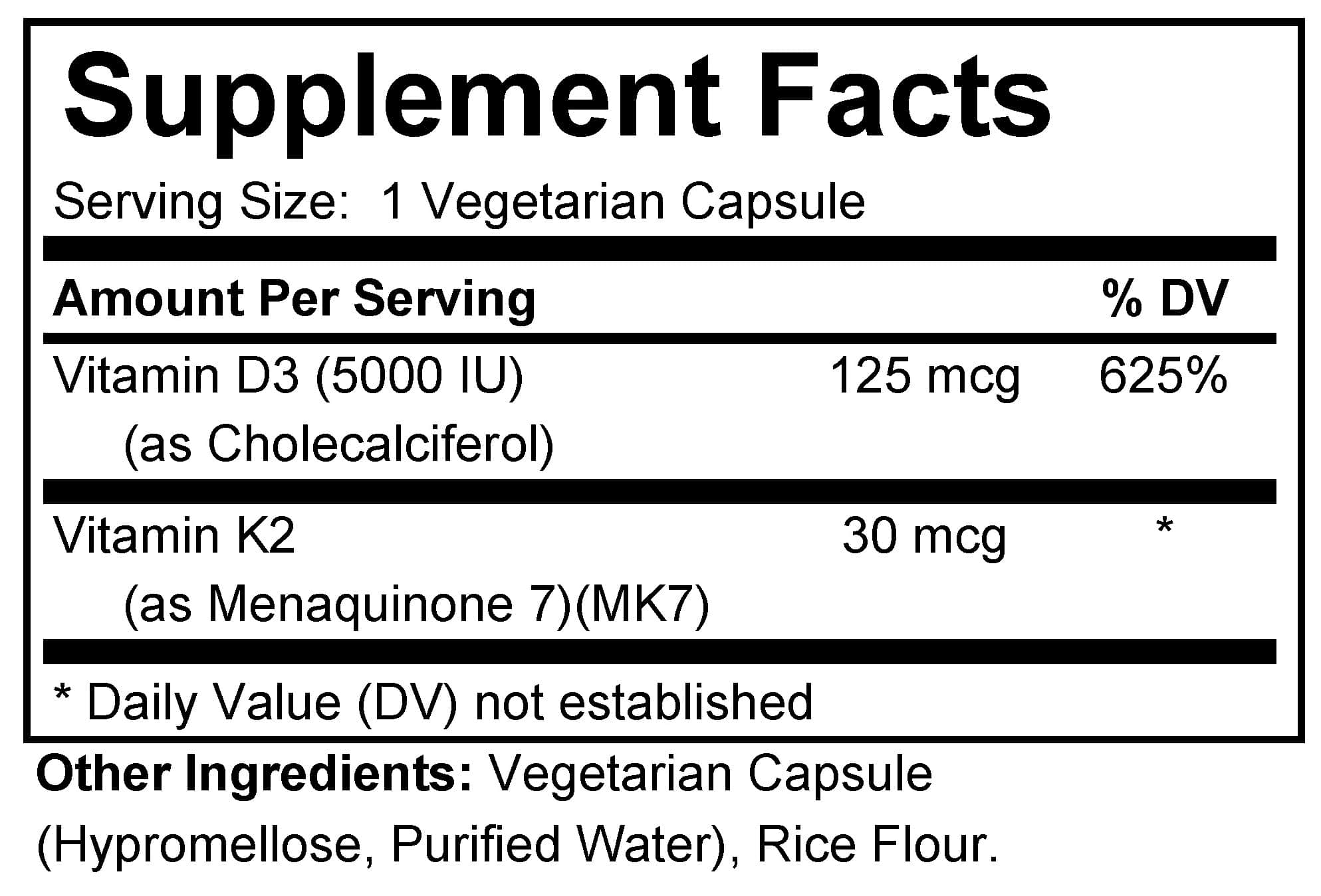 Supplement facts forVitamin D3 5000 IU + K2 CAPSULES 100s