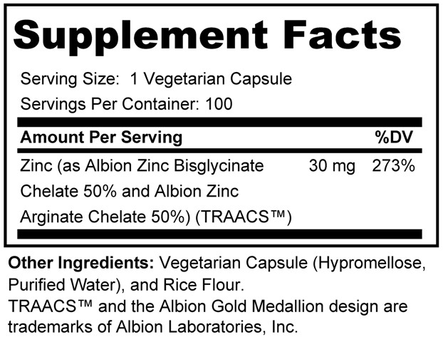 Supplement facts forZinc 30mg 100s