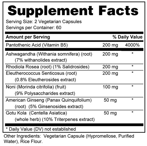 Supplement facts forAdrenal (Energy & Stress) 120 (Capsules)