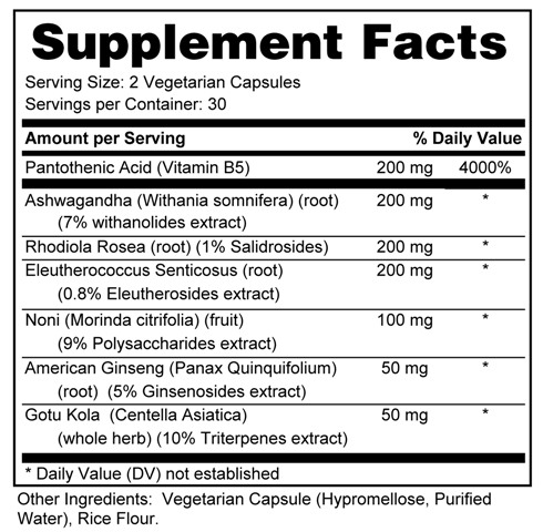 Supplement facts forAdrenal  (Energy & Stress) 60 (Capsules)