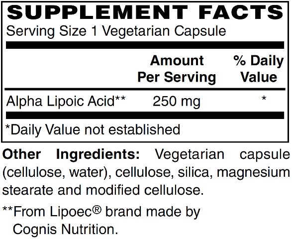 Supplement facts forAlpha Lipoic Acid 250mg 60s