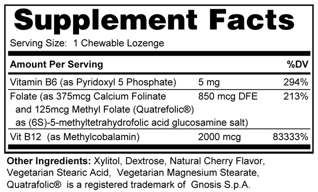 Supplement facts forVitamin B12 (with P5P & Methyl Folate) 90s