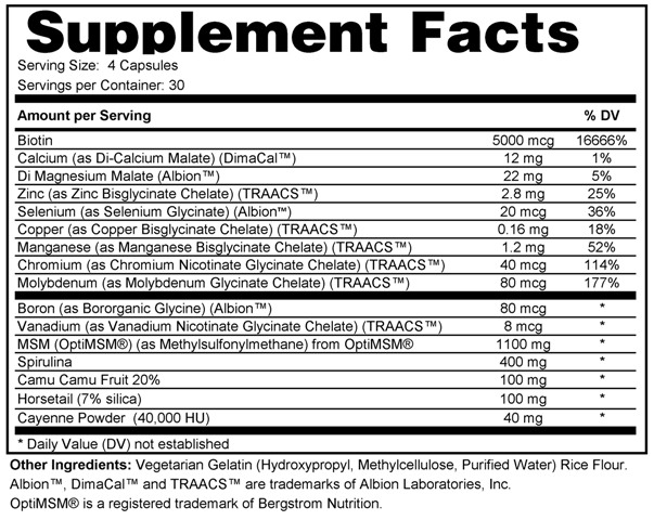 Supplement facts forSkin Hair Nails Formula 120s