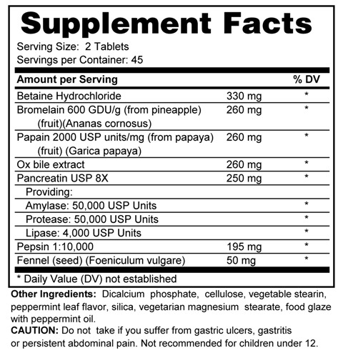 Supplement facts forEnzymes Plus HCL & Ox Bile 90 Tablets