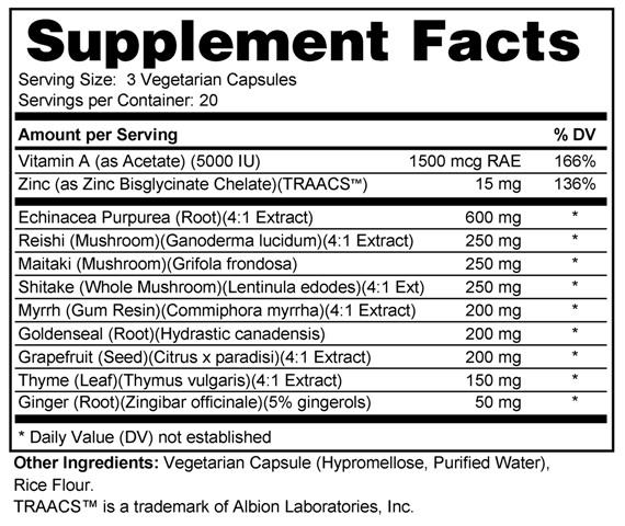 Supplement facts forHerbal Immune Support 60s