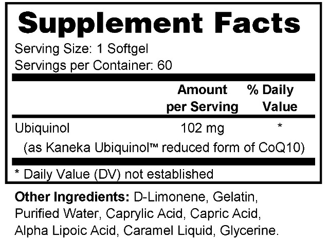 Supplement facts forUbiquinol 100mg 60s
