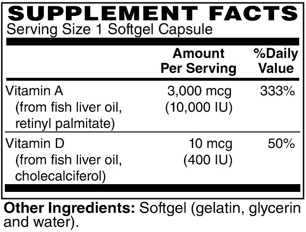 Supplement facts forVitamins A & D 100s
