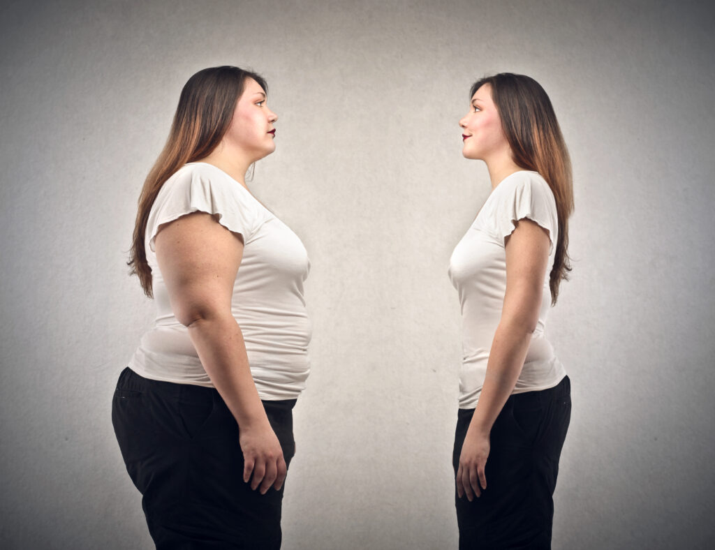 comparison picture of an overweight woman and her ideal thin body