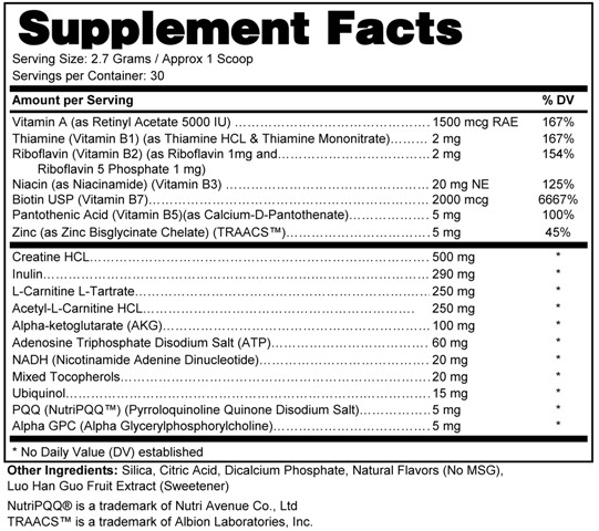 Supplement facts forMitochondrial Support